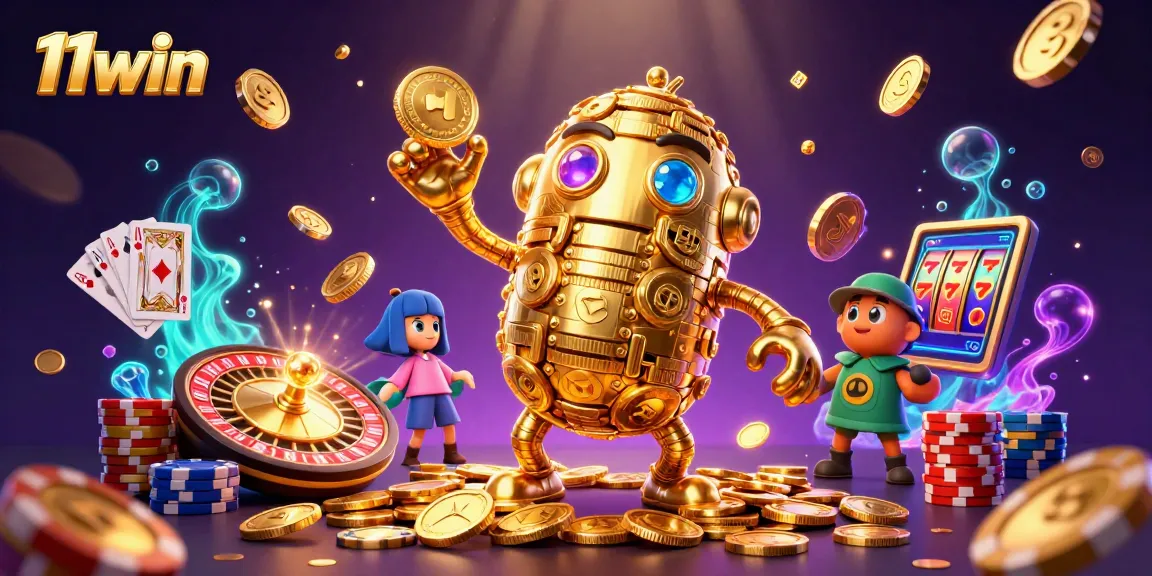Engage with 11win's vibrant 3D casino scene filled with golden coins, vibrant poker chips, and slot symbols.