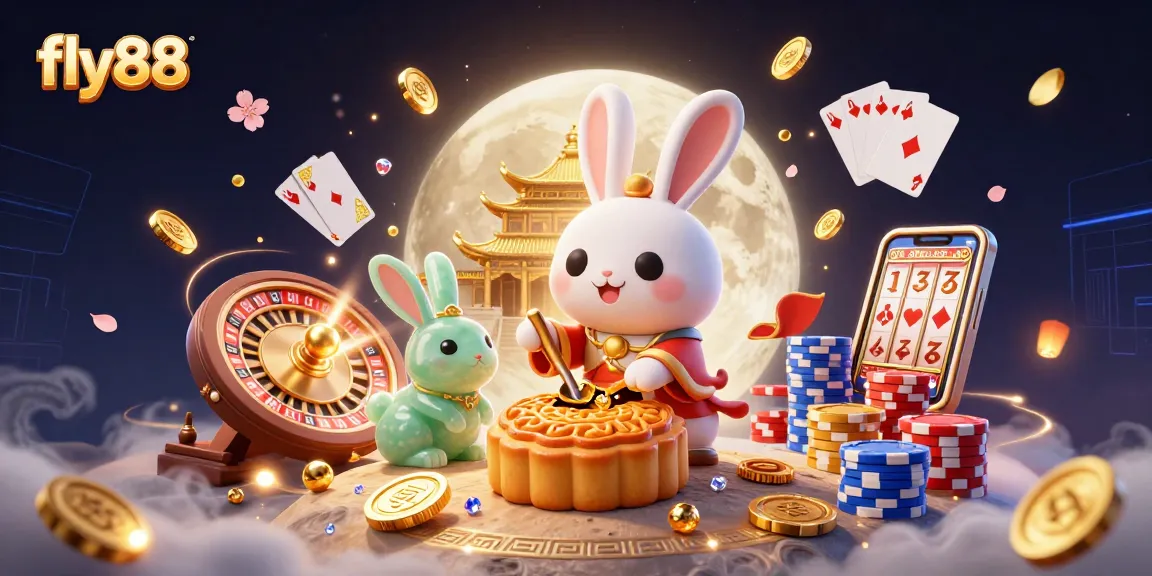 Fly88 showcases a vibrant 3D scene with a moon rabbit and casino elements, delivering captivating gaming excitement.