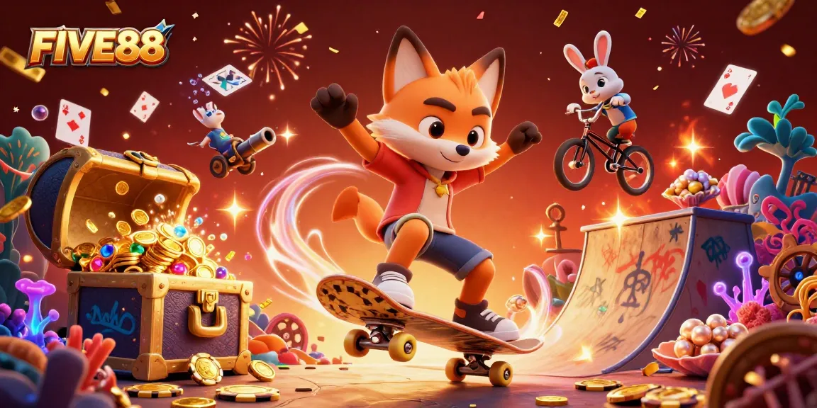 Experience the thrill of FIVE88 with dynamic characters and vibrant casino elements.