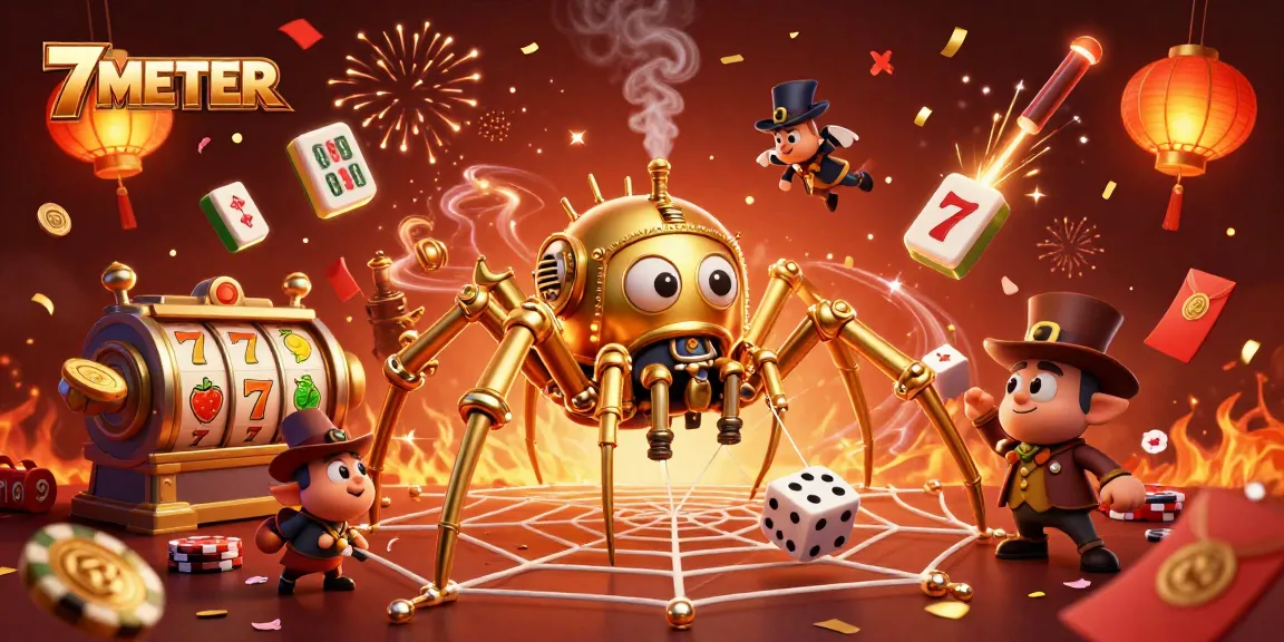 Experience the excitement at 7METER with a vivid illustration of a steampunk golden spider in a dynamic casino scene.